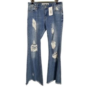 NWT The Laundry Room Bell Bottom Flare Distressed Raw Hem Jeans Size‎ 27 LT Blue
